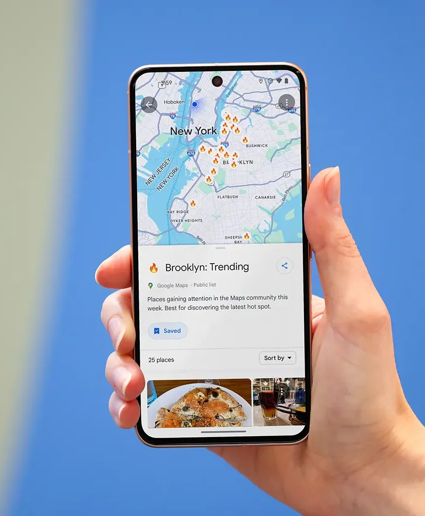 Google Maps mobile screen showing the Brooklyn Trending saved list and place pins on a map