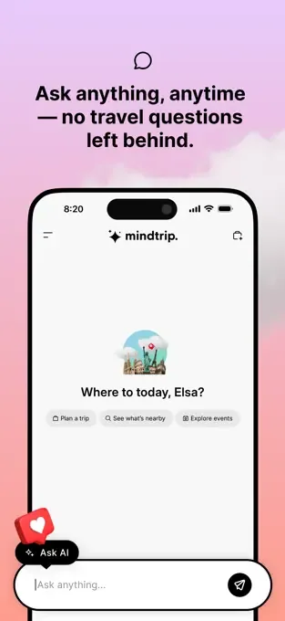 Mindtrip app image showing its Ask AI travel assistant entry point