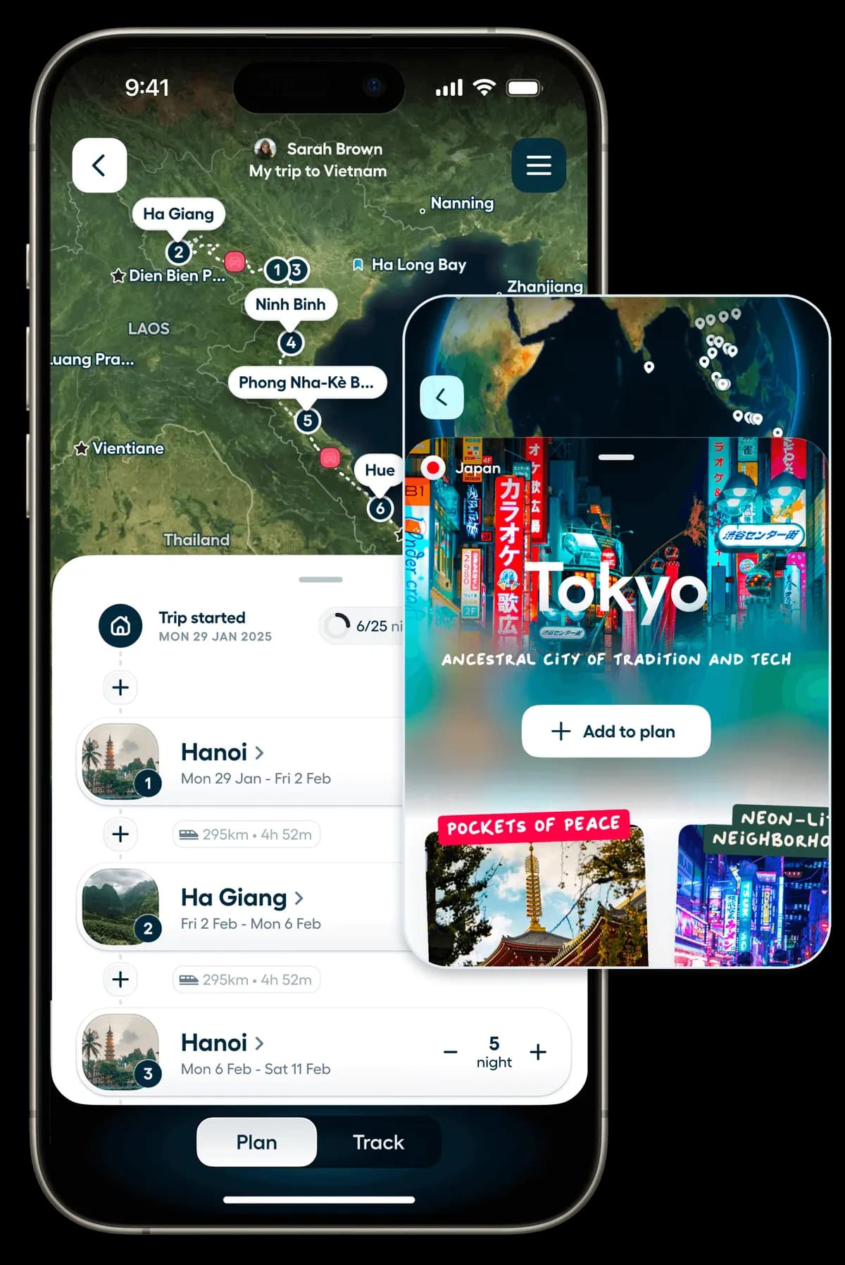 Polarsteps mobile planner showing a Vietnam route, stops, and a Plan and Track switch