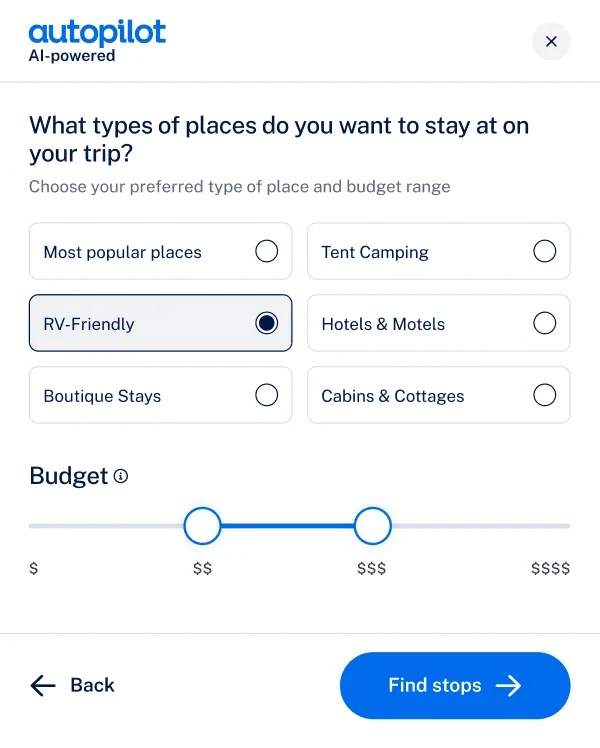 Roadtrippers Autopilot screen selecting RV-friendly places and a budget range