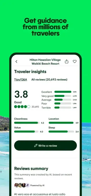 Tripadvisor app image showing traveler ratings and AI review summary for a hotel