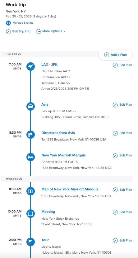 TripIt sample web itinerary with flight, car rental, hotel, meeting, and tour entries