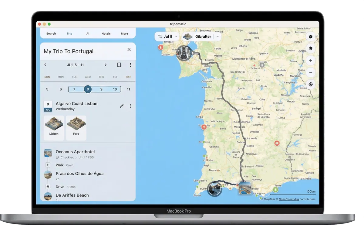 Tripomatic desktop itinerary with a Portugal day plan and road route map