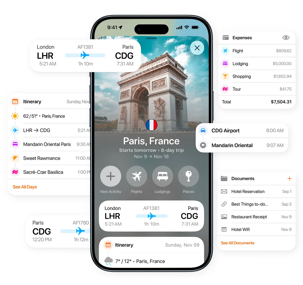 Tripsy product image with a Paris itinerary, flight details, expenses, and documents