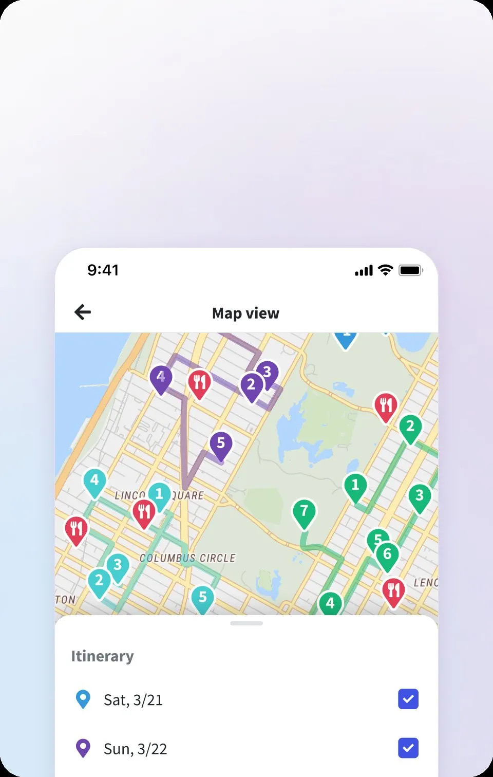 Wanderlog mobile trip map with saved places and a route