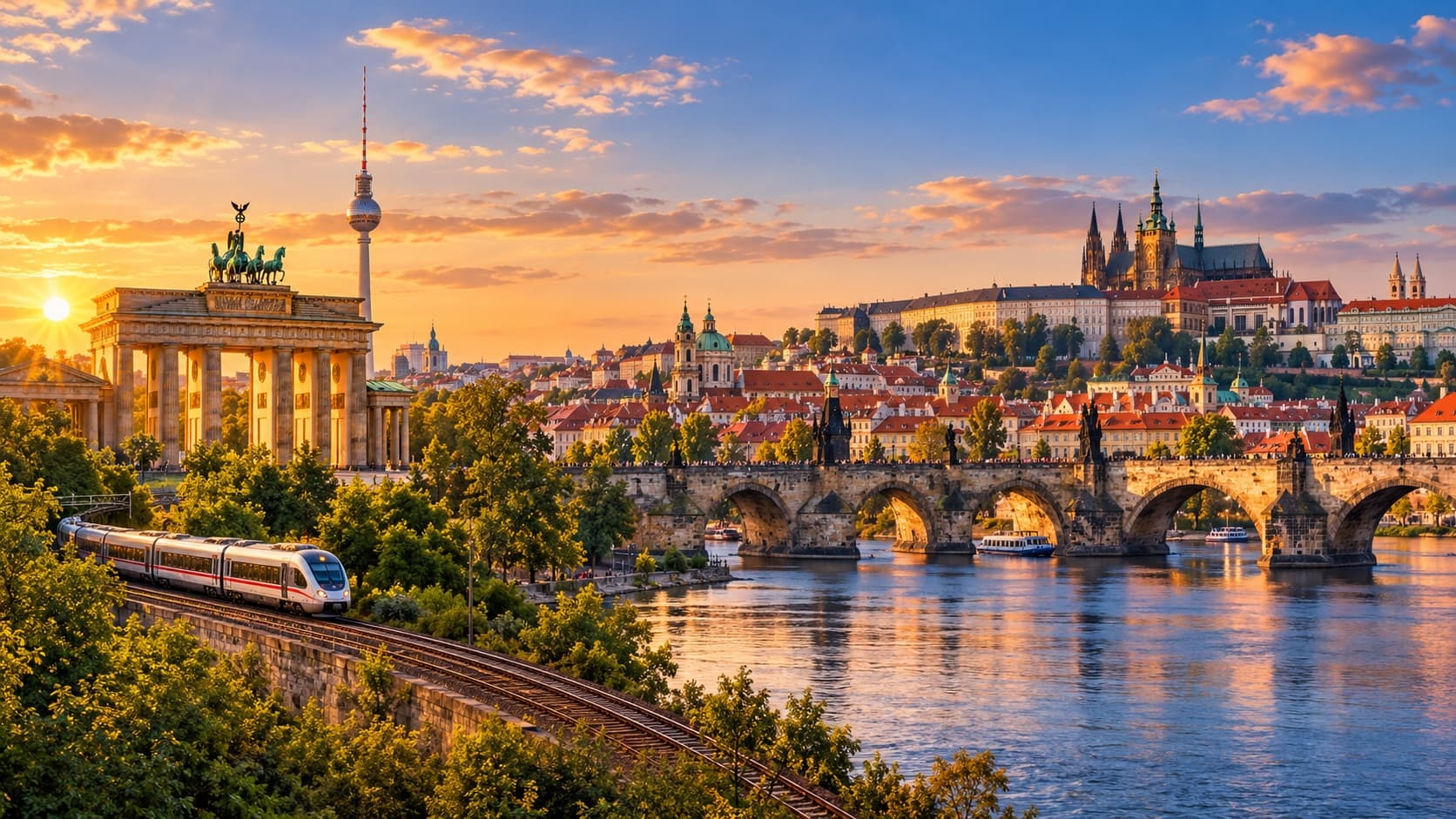 Illustrated route panorama blending Berlin’s Brandenburg Gate with Prague’s Charles Bridge and castle above the Vltava