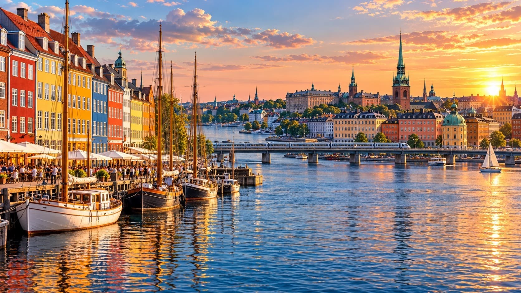 Illustrated panorama blending colorful Copenhagen harbor houses with Stockholm’s historic waterfront and a passenger train