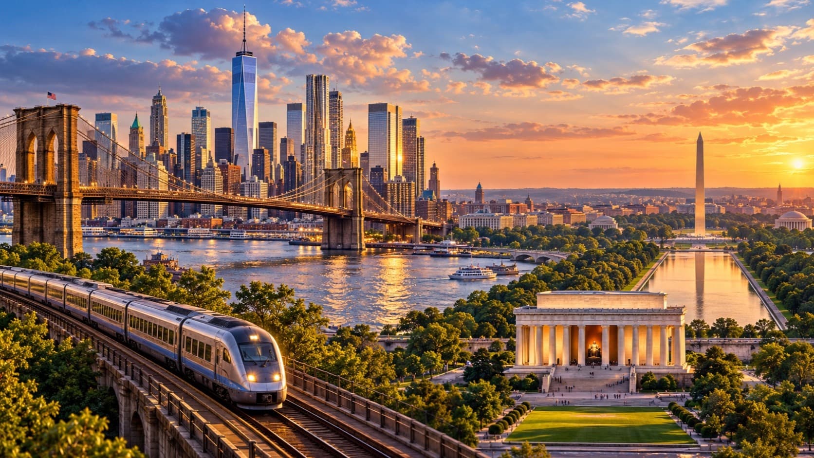 Illustrated panorama joining the Manhattan skyline and Brooklyn Bridge with Washington’s Lincoln Memorial and Reflecting Pool