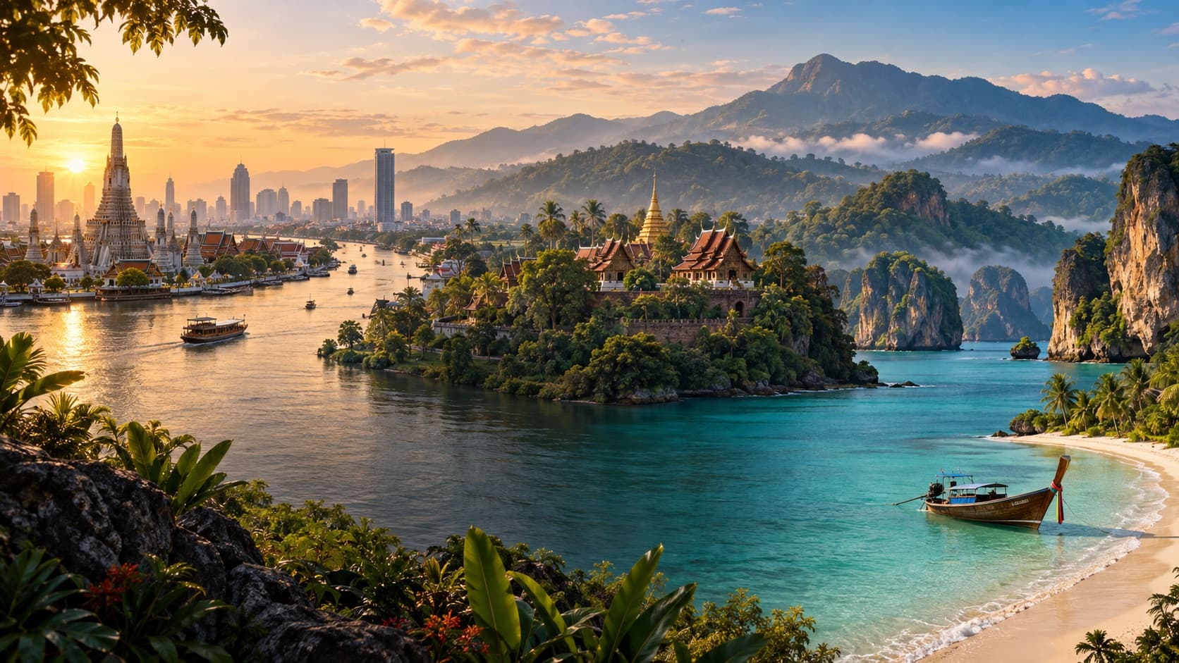 Thailand panorama with Bangkok river temples, Chiang Mai mountains, Krabi limestone islands, and a long-tail boat