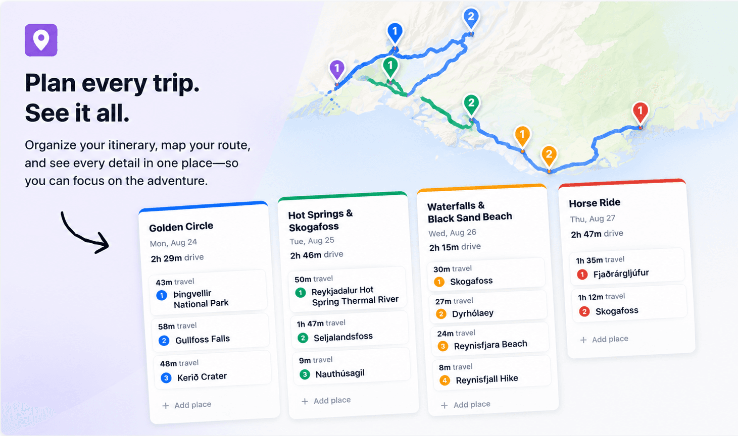 TripBoard preview with a route map and itinerary cards