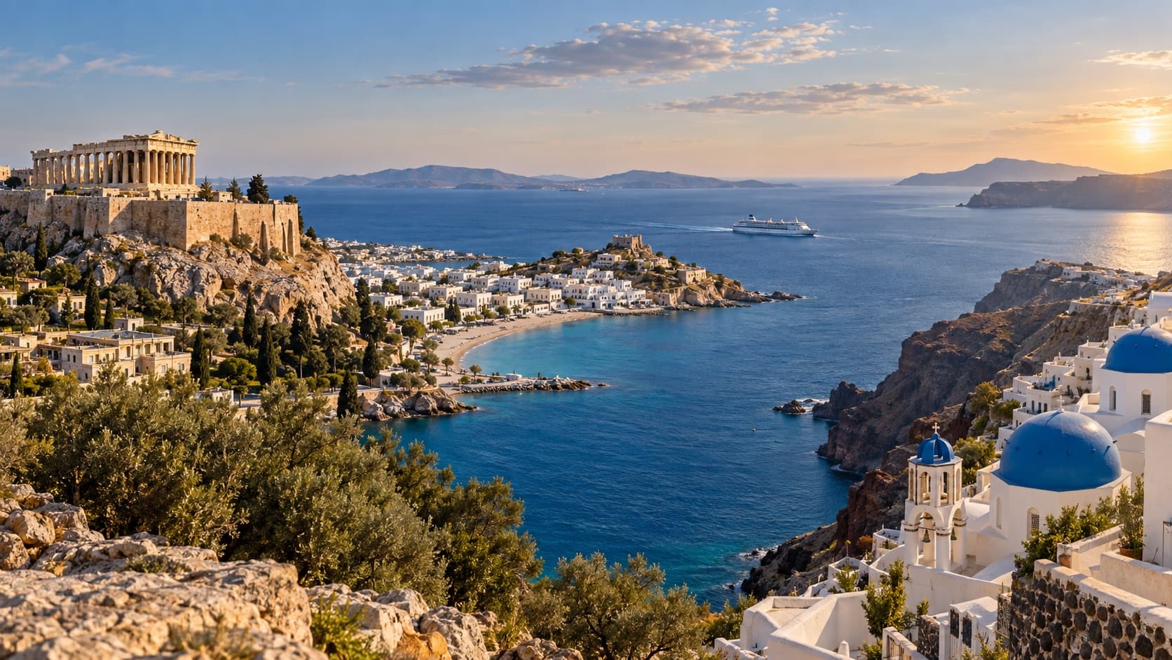 Greek panorama with the Acropolis, Naxos, an Aegean ferry, and Santorini